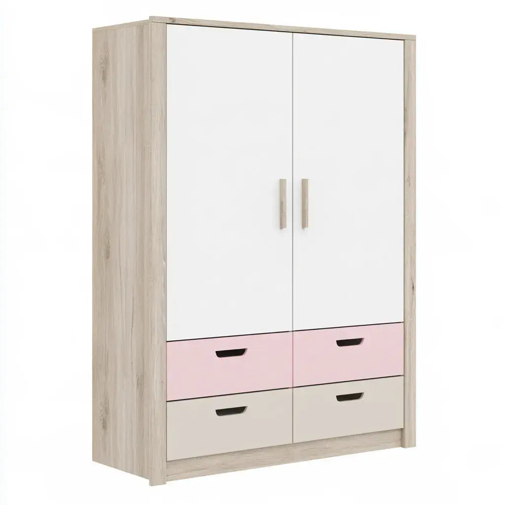 Armario con puertas lisas y cajones bajos - blanco/rosa/beige