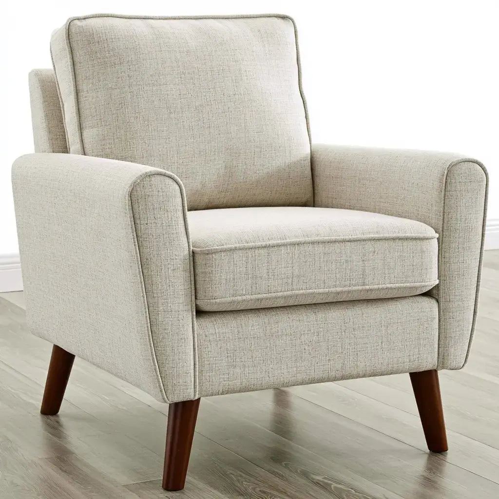 Sillón beige con brazos rectos y cojín de asiento, mueble de sala de la marca billiardtableco, estilo moderno y cómodo.