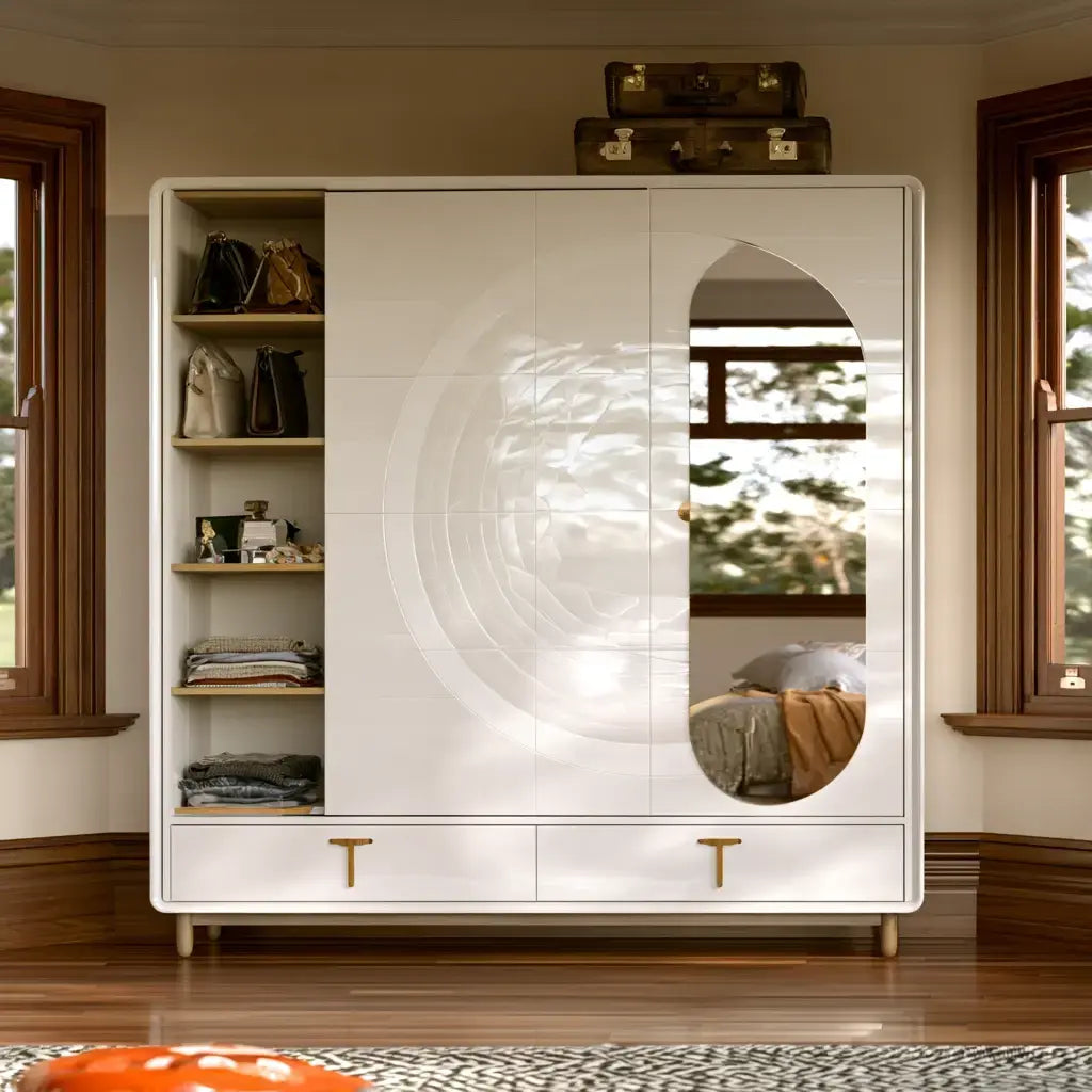 Armario con puerta con espejo ovalado - blanco/beige