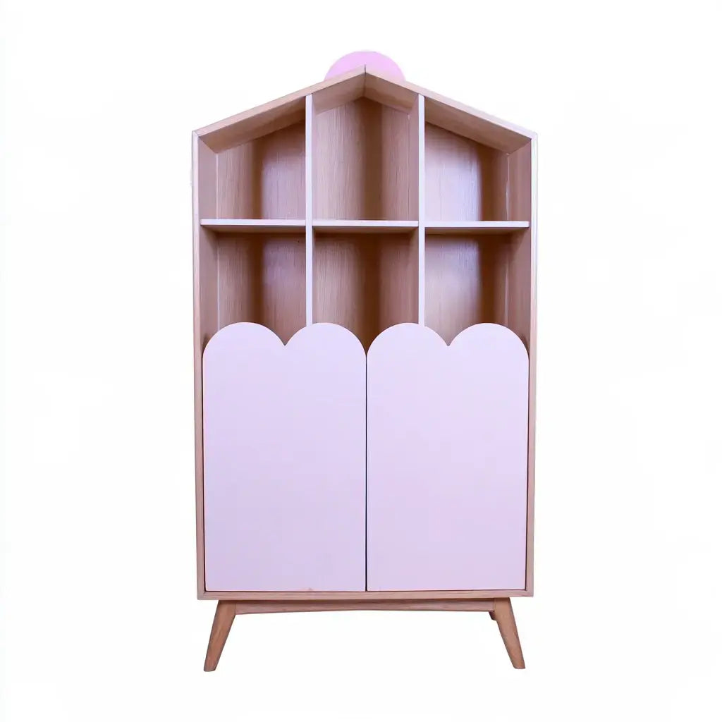 Aparador con forma de casa en rosa y beige de la marca billiardtableco, con puertas curvas y diseño moderno para decoración.