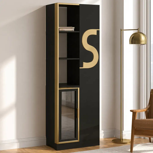 Vitrina estrecha con detalles geométricos - negro/dorado